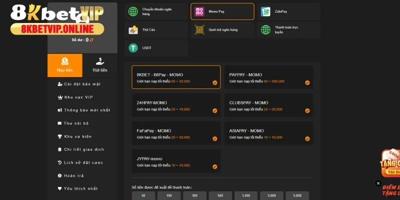 Hỗ trợ thanh toán nhanh qua 3 loại ví điện tử Momo Pay, ZaloPay, VTPay